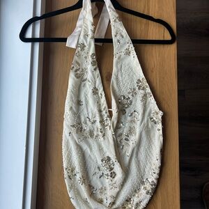 Urban Outfitters Cream and Gold Sequin with white pearl - Halter Tank Top